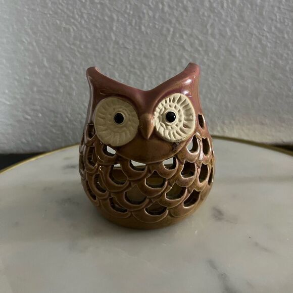 Owl Pottery Candle Boho Shabby Chic Brown Green EUC - Picture 1 of 5